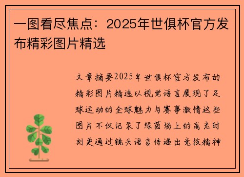 一图看尽焦点：2025年世俱杯官方发布精彩图片精选